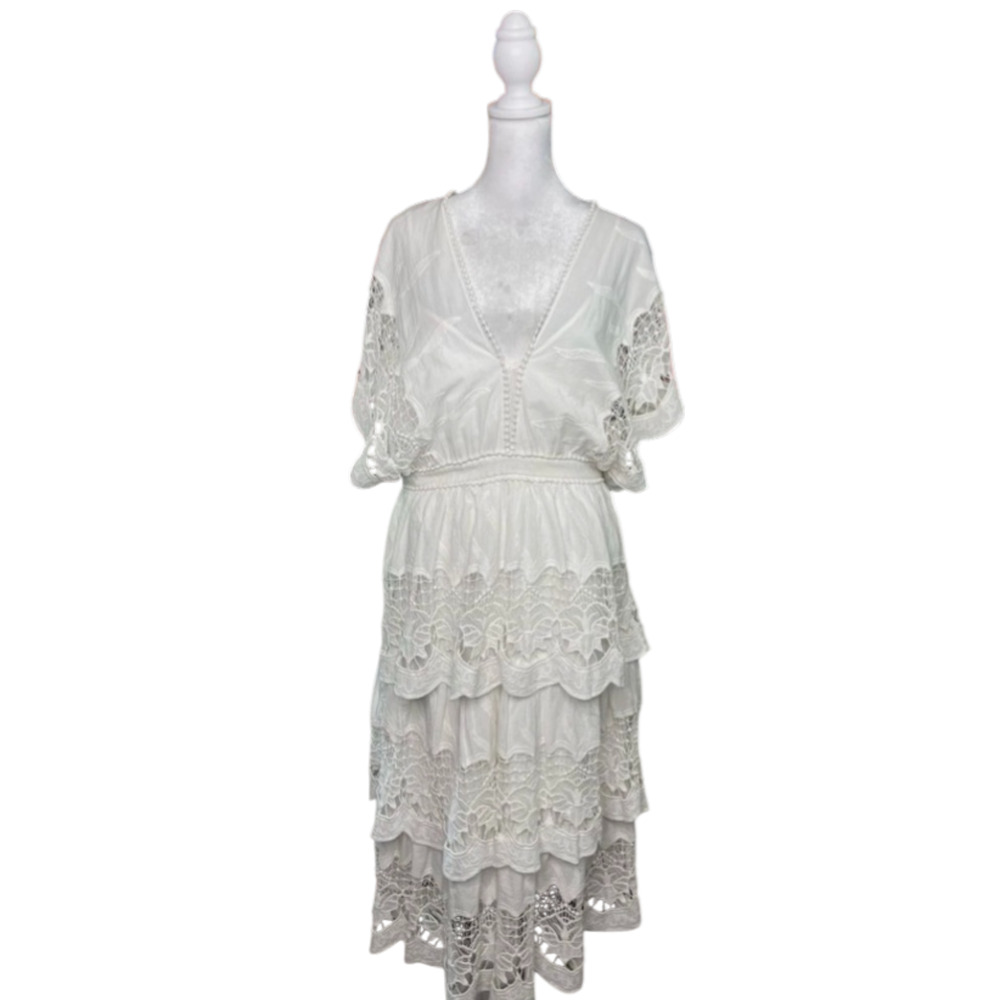 New! FARM Rio White Richelier Midi Dress Sz M Lace Embroidered Tiered Sz XS #58 - Picture 9 of 10